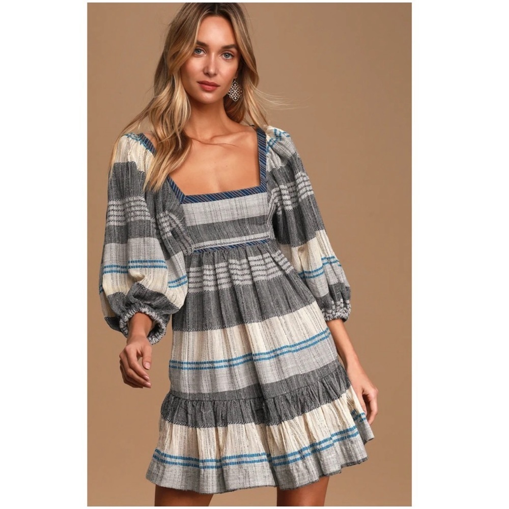 NWT Free People All Lined Up Striped Puff Sleeve Swing Mini Dress Blue Medium